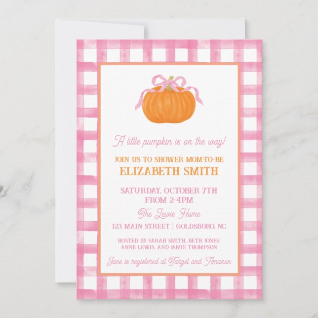 Invitación de Baby Shower de Bow de calabaza rosa (Anverso)