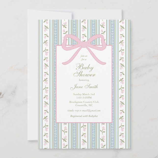 Invitación de Baby Shower de Bow Preppy | Floral (Anverso)
