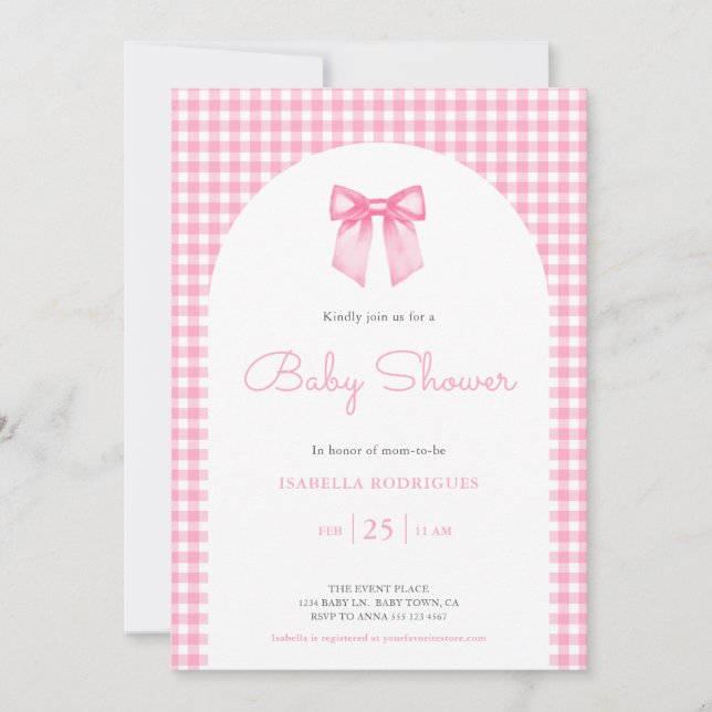 Invitación de Baby Shower de Bow rosa y Gingham (Anverso)