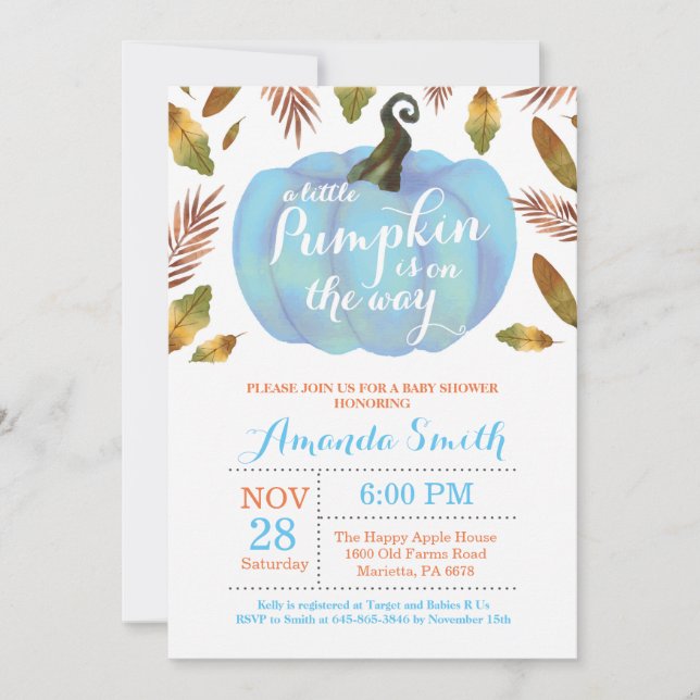 Invitación de Baby Shower de Boy Pumpkin Fall (Anverso)
