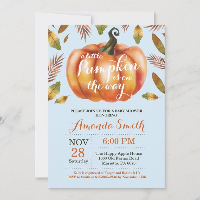 Invitación de Baby Shower de Boy Pumpkin Fall (Anverso)