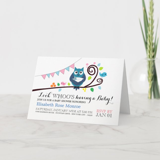 Invitación de Baby Shower de búho caprichoso (Anverso)