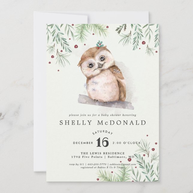 Invitación de Baby Shower de Búho de Invierno (Anverso)