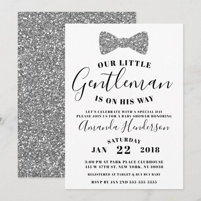 Invitación de Baby Shower de Caballero, Plata Fals (Anverso / Reverso)