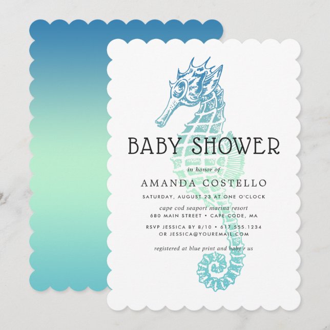 Invitación de Baby Shower de Caballito de Mar Eleg (Anverso / Reverso)