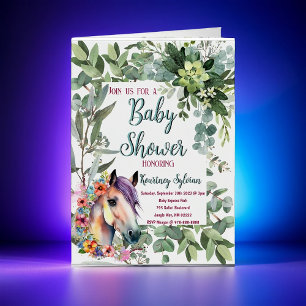 Invitación de baby shower de caballo en acuarela y