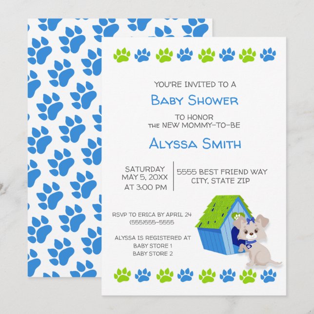 Invitación de Baby Shower de Cachorro Azul Verde A (Anverso / Reverso)