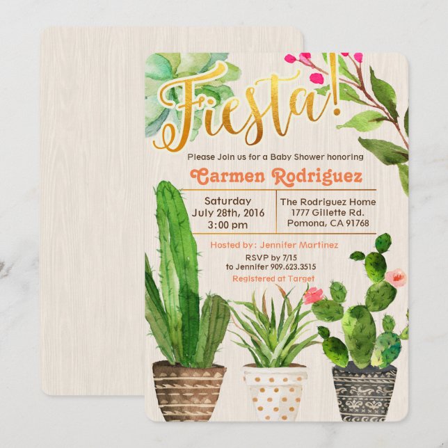 Invitación de baby shower de cactus suculento Fies (Anverso / Reverso)