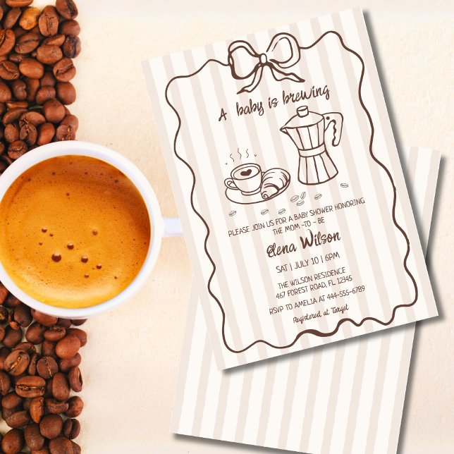 Invitación de Baby Shower de Café Dibujada a Mano  (Coffee baby shower invitation with hand-drawn moka pot, coffee cup, wavy frame, and bow)