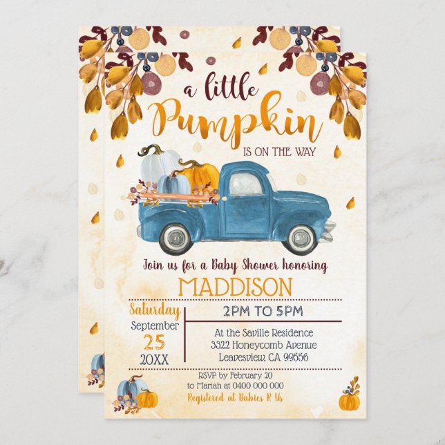 Invitación de Baby Shower de Calabaza Camión Calab (Anverso / Reverso)