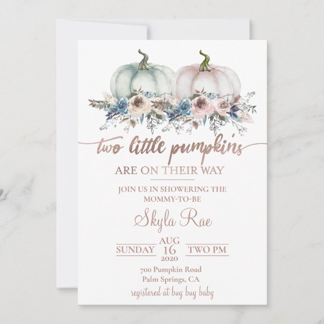Invitación de Baby Shower de calabaza de mellizos (Anverso)