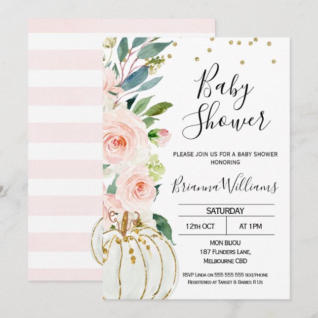 Invitación de Baby Shower de calabaza floral rosa (Anverso / Reverso)