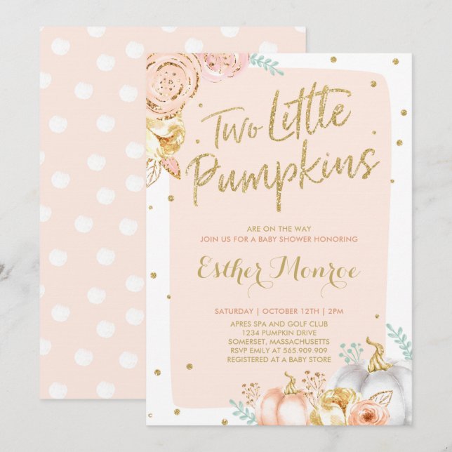 Invitación de Baby Shower de calabaza gemela rosa  (Anverso / Reverso)