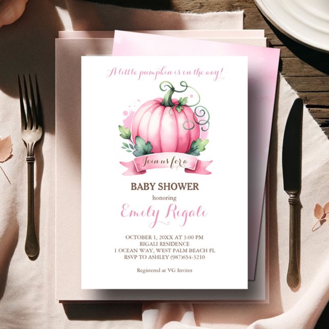 Invitación de Baby Shower de calabaza rosa - Tema  (Baby shower invitations girl pink watercolor pumpkin )