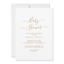 Invitación de baby shower de caligrafía en oro del