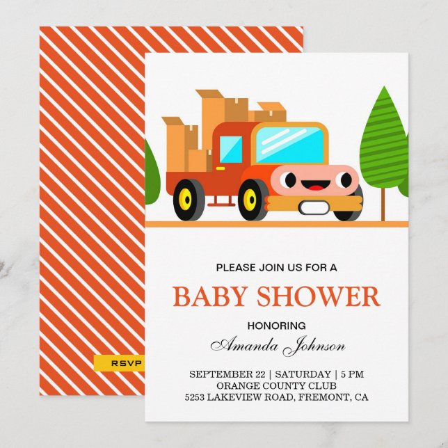 Invitación de baby shower de camión adorable (Anverso / Reverso)