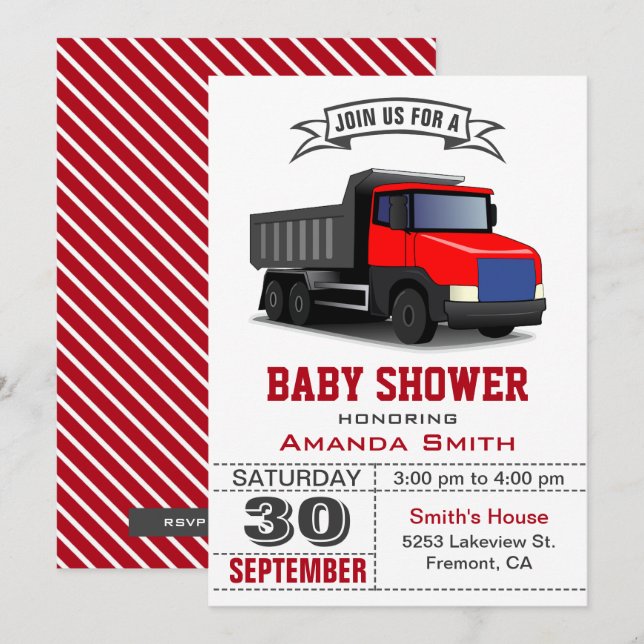 Invitación de Baby Shower de Camión Rojo (Anverso / Reverso)