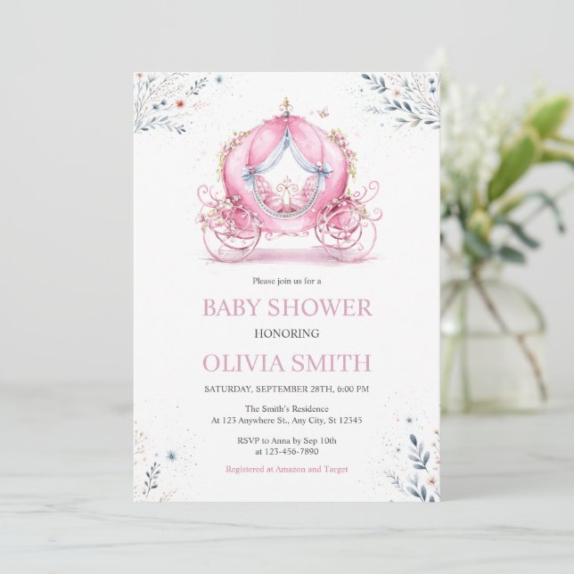 Invitación de baby shower de Carruaje Rosa (Anverso de pie)