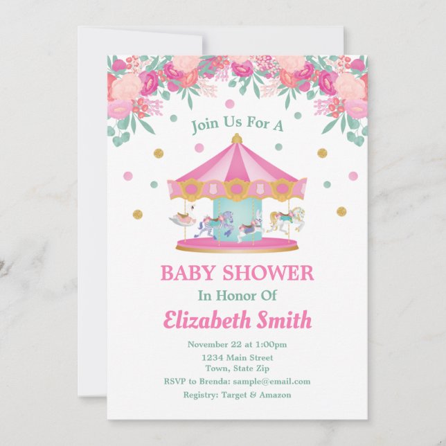 Invitación de Baby Shower de carrusel Merry Go Rou (Anverso)