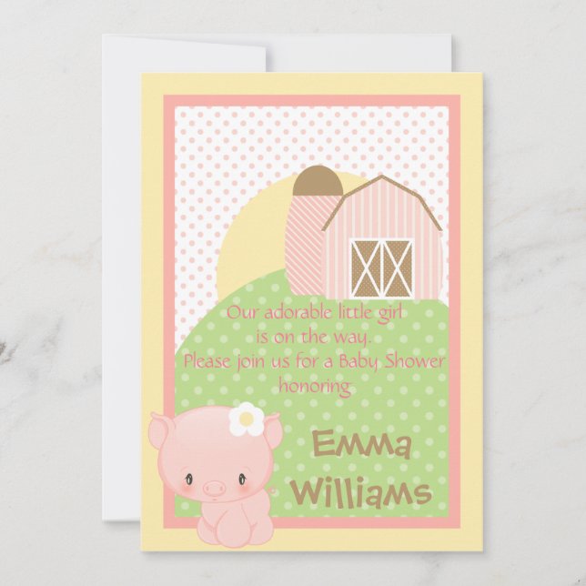 Invitación de Baby Shower de cerdo de granja-rosa- (Anverso)