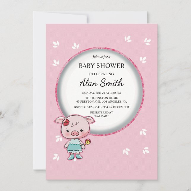 Invitación de Baby Shower de Cerdo Rosa Lindo (Anverso)