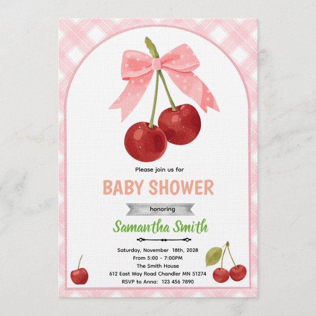 invitación de baby shower de cereza   (Anverso)