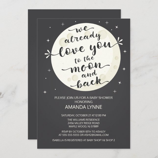 Invitación de Baby Shower de Chalkboard Love Moon  (Anverso / Reverso)