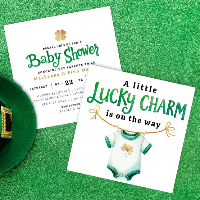 Invitación de Baby Shower de Charm Square Lucky (Modern Lucky Charm Baby Shower Invite)
