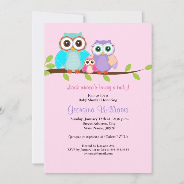 Invitación de Baby Shower de Chica de búho lindo r (Anverso)