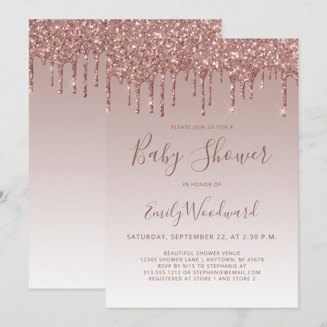 Invitación de Baby Shower de Chica Rosa Purpurina  (Anverso / Reverso)