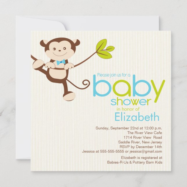Invitación de Baby Shower de chico mono (Anverso)