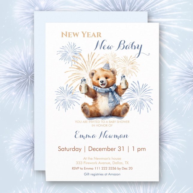 Invitación de Baby Shower de Chico Oso Cuto de Año (New Year Cute Bear Boy Baby Shower Invitation)