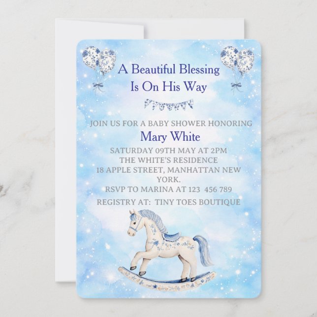 Invitación de baby shower de Chinoiserie Azul (Anverso)