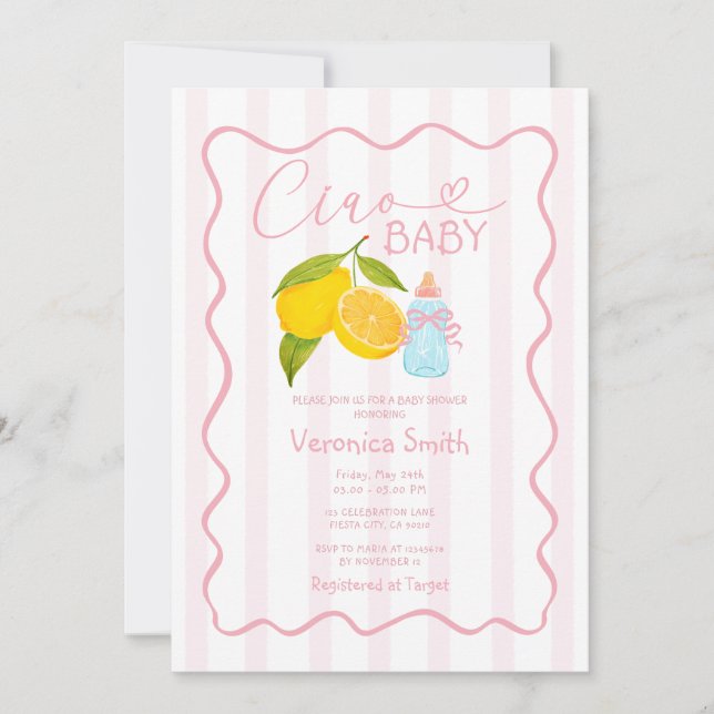 Invitación de Baby Shower de Ciao a Pink Lemon Ita (Anverso)
