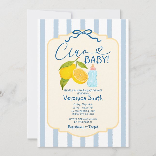 Invitación de Baby Shower de ciao de limón azul am (Anverso)