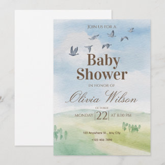 Invitación de baby shower de cielo y pájaros rústi