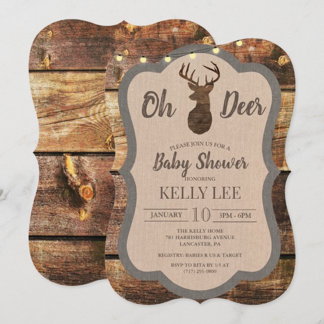 Invitación de Baby Shower de Ciervo de Madera Rúst (Anverso / Reverso)