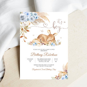 Invitación de Baby Shower de Ciervo Floral Azul