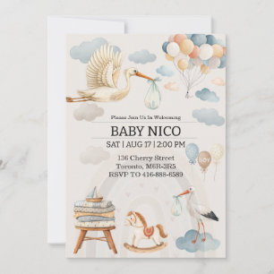 Invitación de Baby Shower de Cigüeña con Acuarela