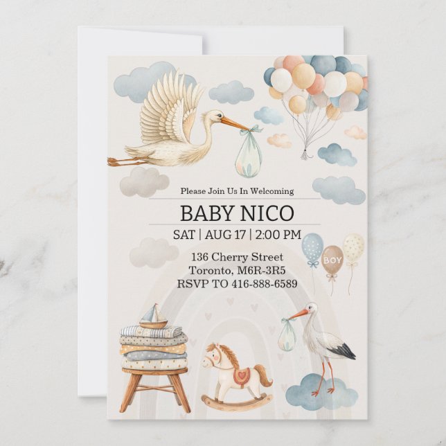Invitación de Baby Shower de Cigüeña con Acuarela  (Anverso)