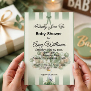 Invitación de Baby Shower de Cigüeña en Verde Salv