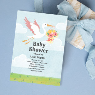 Invitación de Baby Shower de Cigüeñas y Florales