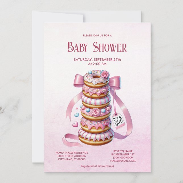 Invitación de Baby Shower de cinta rosada con donu (Anverso)