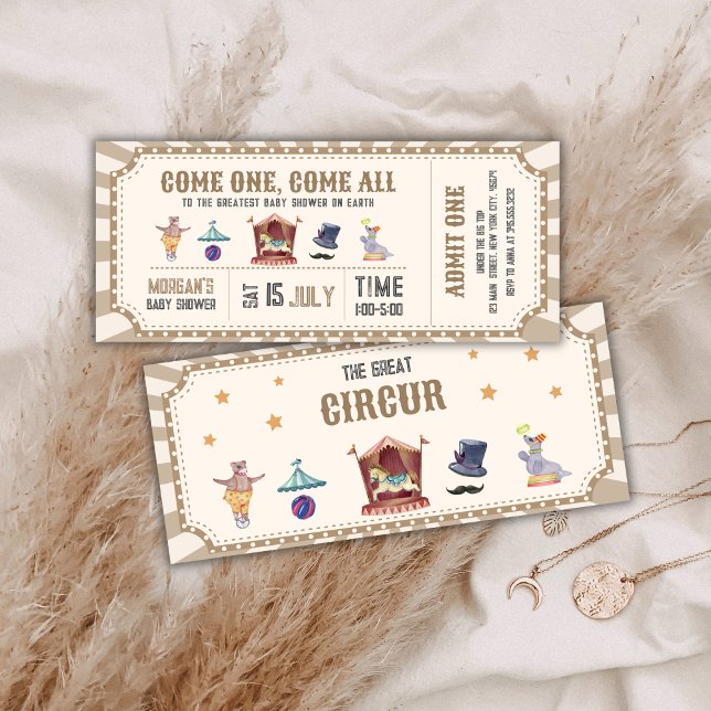 Invitación de baby shower de circo vintage neutral (Neutral Vintage Circus Ticket Carnival Baby shower Invitation)