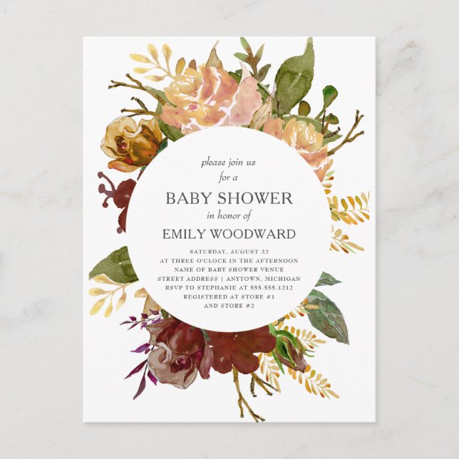 Invitación de Baby Shower de Círculo Floral Rústic (Anverso)