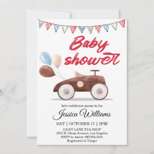 Invitación de baby shower de coche vintage acuarel