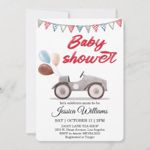 Invitación de baby shower de coche vintage acuarel