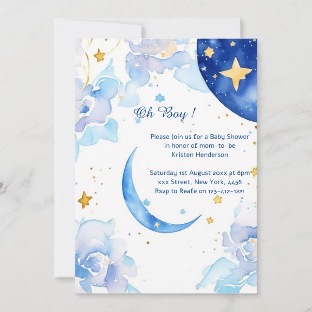 Invitación de Baby Shower de color de agua celeste (Anverso)