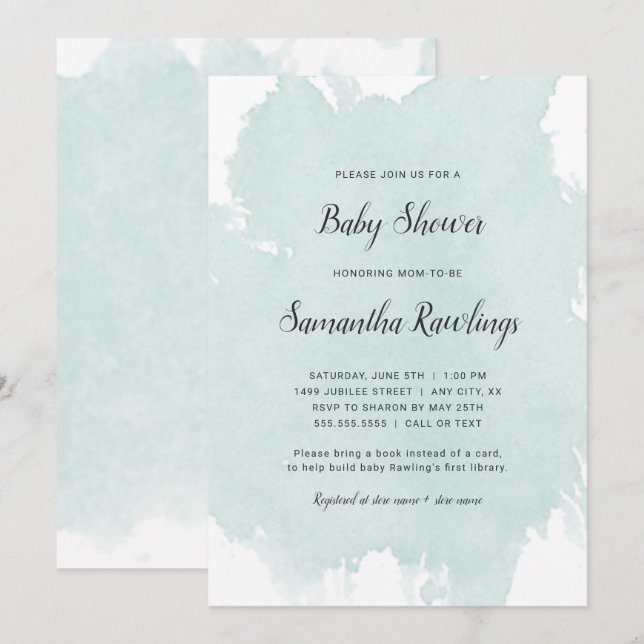 Invitación de Baby Shower de color de agua mate (Anverso / Reverso)