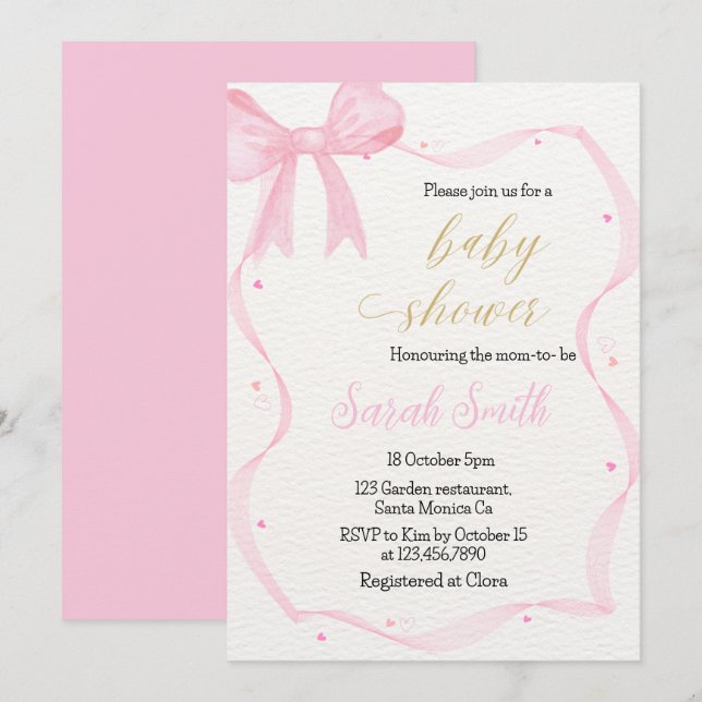 Invitación de Baby Shower de color rosa (Anverso / Reverso)
